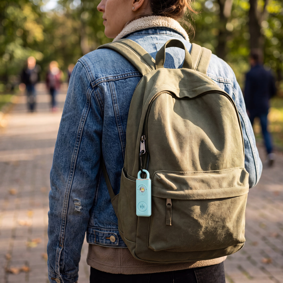 Personal alarm attached to a backpack