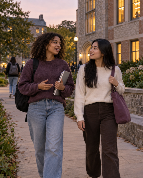 Two adult students walking together across campus in the early evening