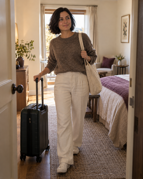 An adult traveler arriving at a guest room with a suitcase
