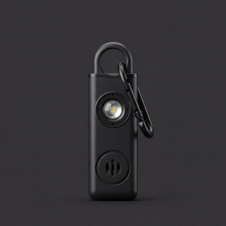 Black personal alarm, representative product photograph